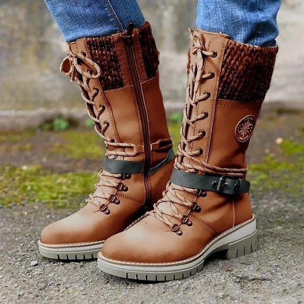 ELKee™ - Women Buckle Lace Knitted Mid-calf Boots - TumTum