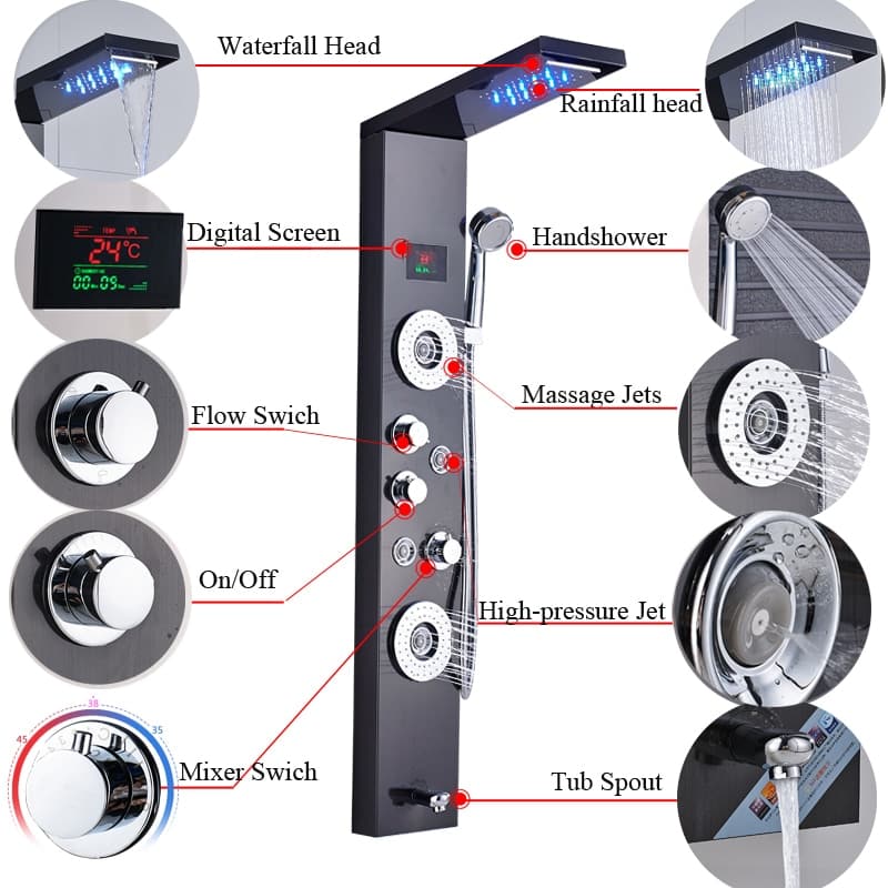 Rainfall Shower ™ - Luxurious 6-Stage LED Shower Panel with Massage Jets and Temperature Screen - TumTum