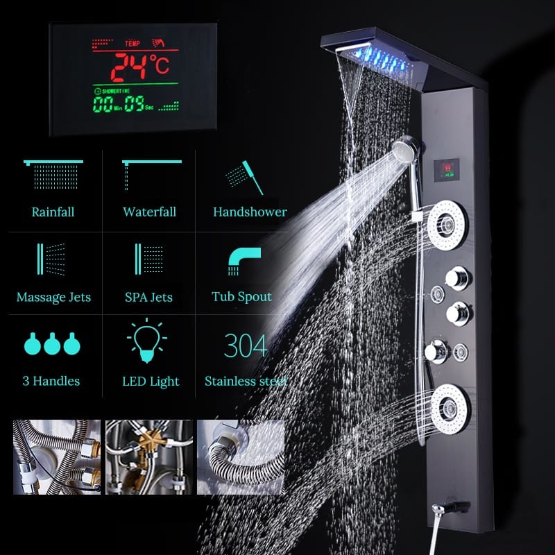 Rainfall Shower ™ - Luxurious 6-Stage LED Shower Panel with Massage Jets and Temperature Screen - TumTum